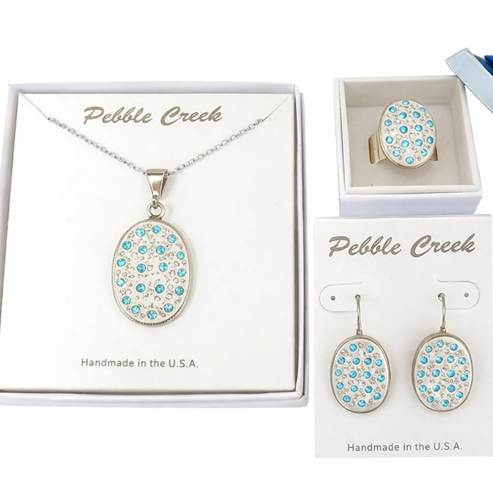 Handcrafted Swarovski Dark Aqua Crystal & Clay Oval Pendant Set